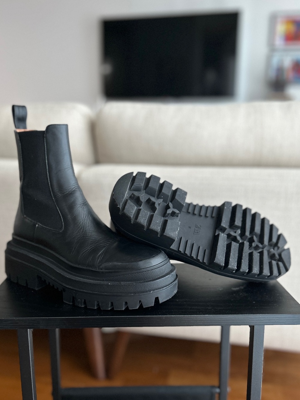 Zara Leather Chunky Black Chelsea Boot with Lug Sole